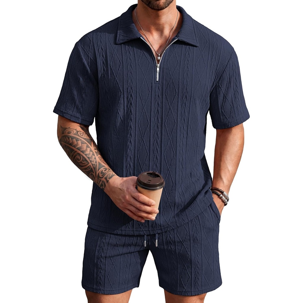 image:imageCOOFANDY Mens 2 Piece Set Summer Beach Vacation Outfits Quarter Zip Polo Shirt and Shorts SetsNavy Blue