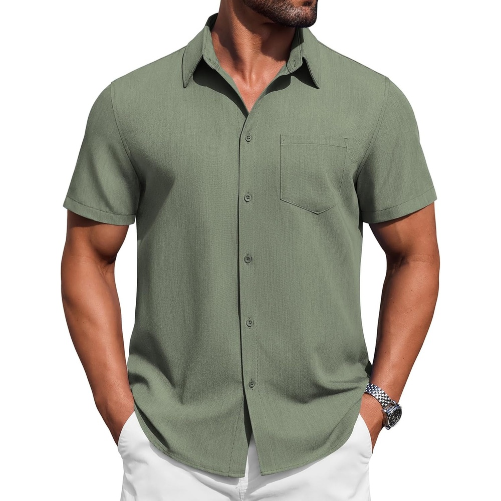 image:imageCOOFANDY Mens Button Down Short Sleeve Shirt Casual Summer Stretch Denim Dress Shirts with PocketArmy Green