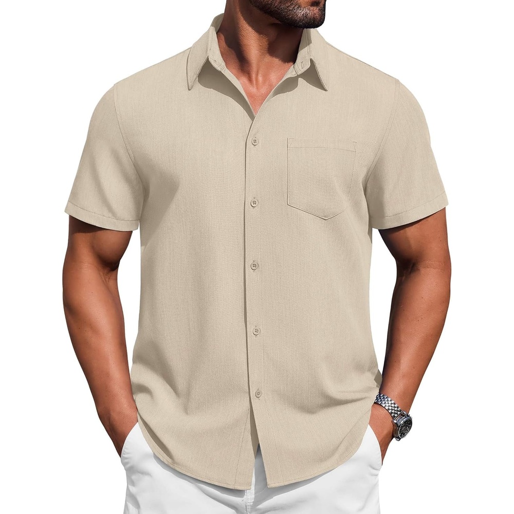 image:imageCOOFANDY Mens Button Down Short Sleeve Shirt Casual Summer Stretch Denim Dress Shirts with PocketBeige