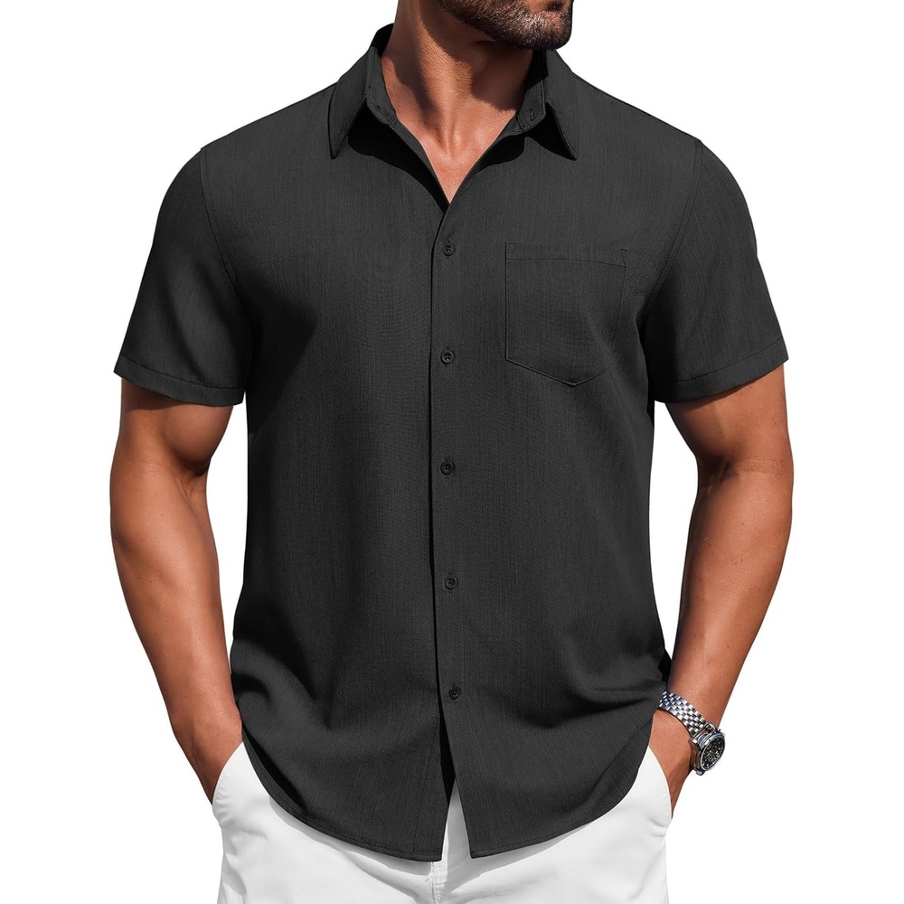 image:imageCOOFANDY Mens Button Down Short Sleeve Shirt Casual Summer Stretch Denim Dress Shirts with PocketBlack
