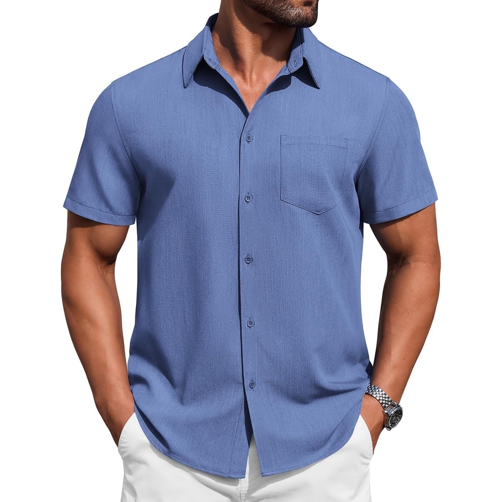 image:imageCOOFANDY Mens Button Down Short Sleeve Shirt Casual Summer Stretch Denim Dress Shirts with PocketBlue