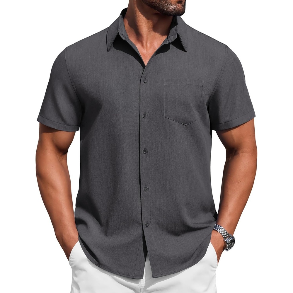 image:imageCOOFANDY Mens Button Down Short Sleeve Shirt Casual Summer Stretch Denim Dress Shirts with PocketDark Grey