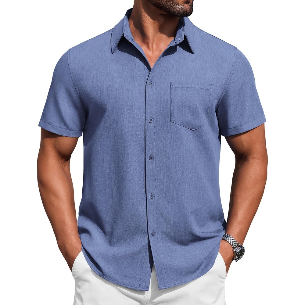 image:imageCOOFANDY Mens Button Down Short Sleeve Shirt Casual Summer Stretch Denim Dress Shirts with PocketDenim Blue