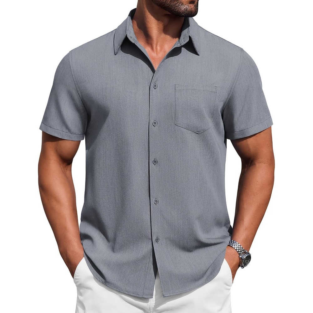 image:imageCOOFANDY Mens Button Down Short Sleeve Shirt Casual Summer Stretch Denim Dress Shirts with PocketGrey