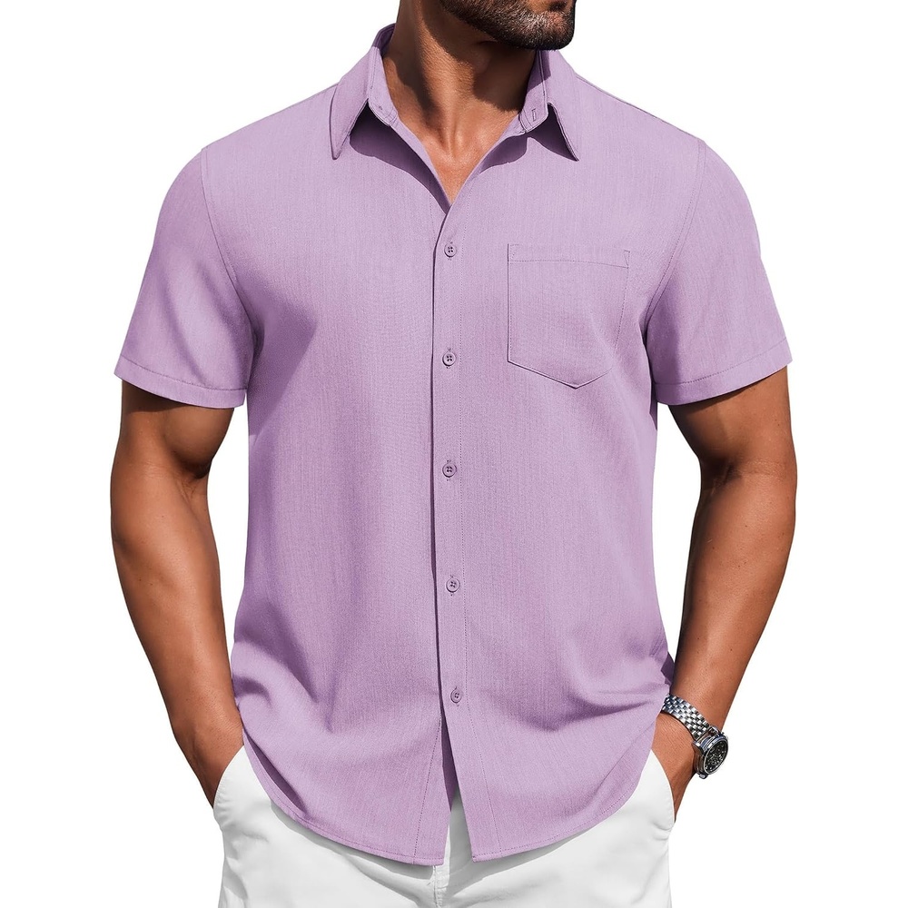 image:imageCOOFANDY Mens Button Down Short Sleeve Shirt Casual Summer Stretch Denim Dress Shirts with PocketLavender