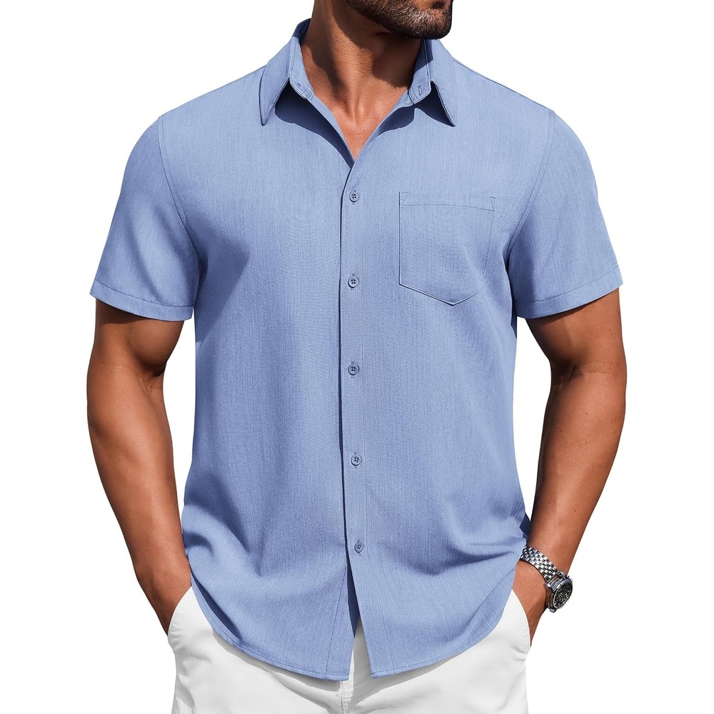 image:imageCOOFANDY Mens Button Down Short Sleeve Shirt Casual Summer Stretch Denim Dress Shirts with PocketLight Blue