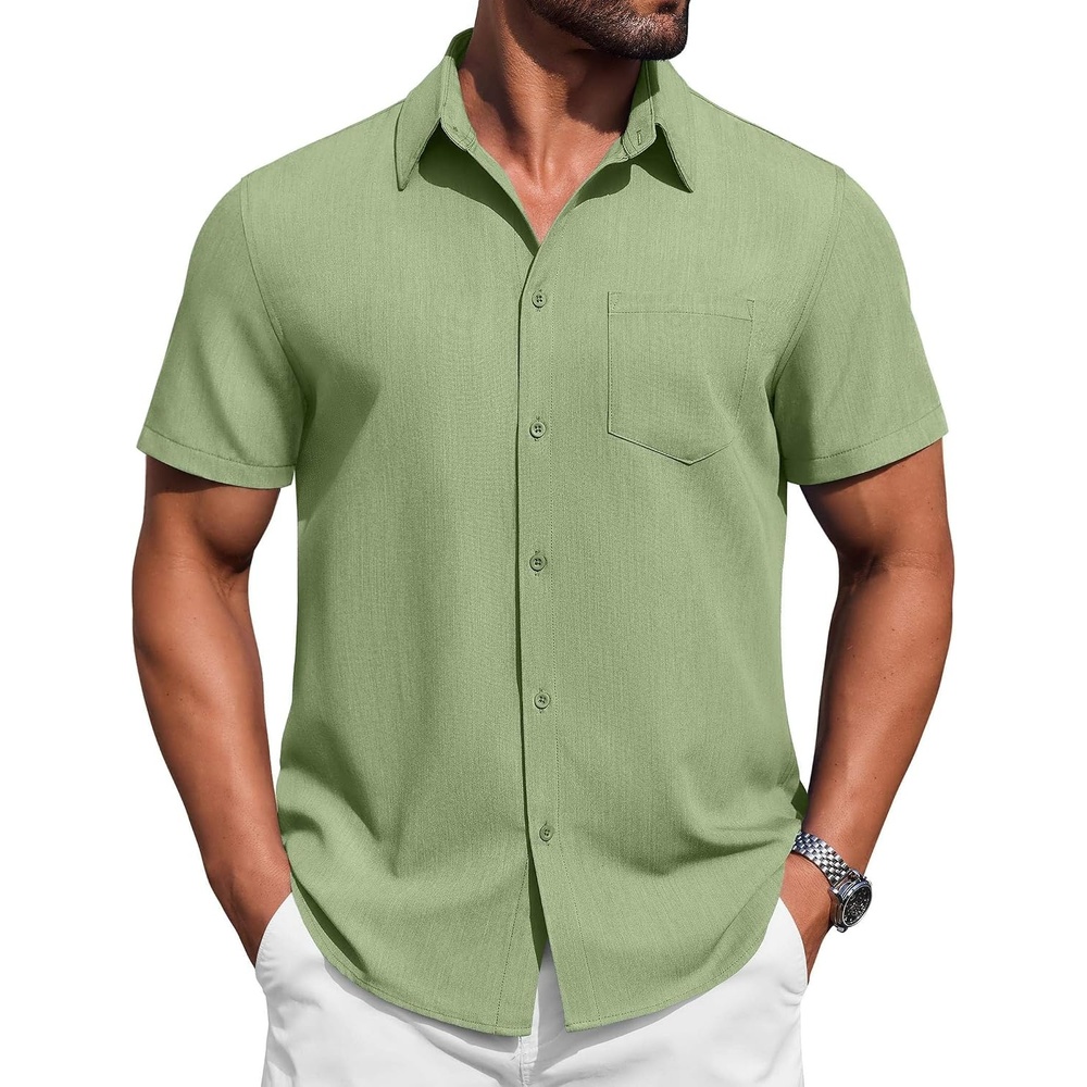 image:imageCOOFANDY Mens Button Down Short Sleeve Shirt Casual Summer Stretch Denim Dress Shirts with PocketLight Green