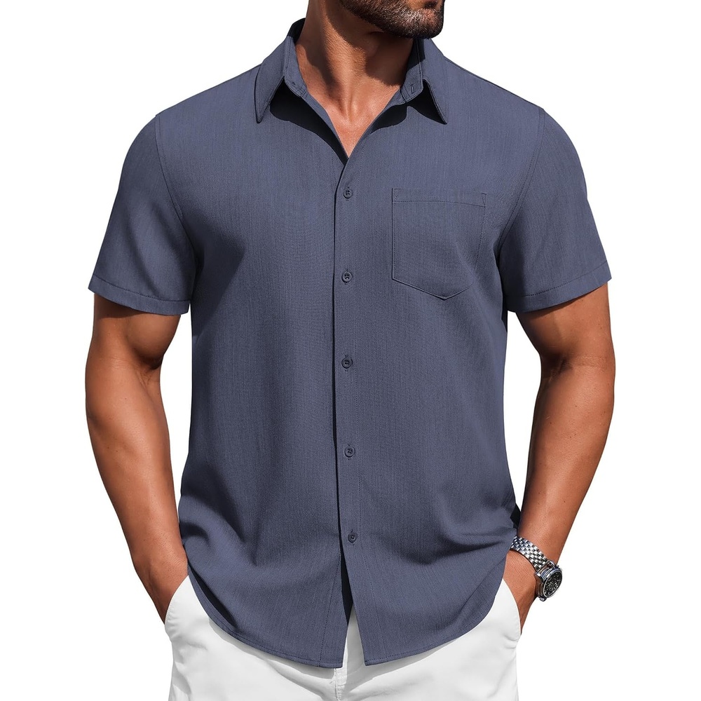 image:imageCOOFANDY Mens Button Down Short Sleeve Shirt Casual Summer Stretch Denim Dress Shirts with PocketNavy Blue