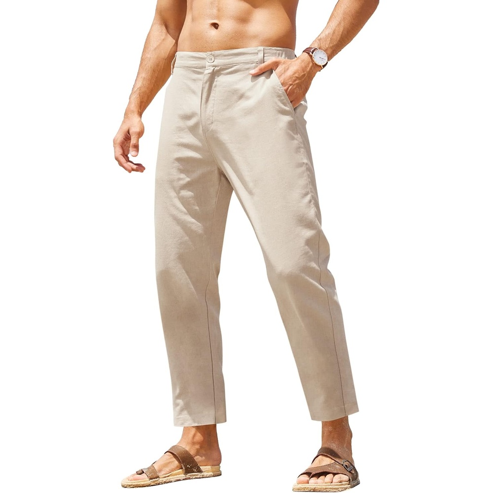 image:imageCOOFANDY Mens Cotton Linen Pants Elastic Waist Lightweight Casual Pants Relaxed Fit Yoga Beach Pants with PocketsBeige