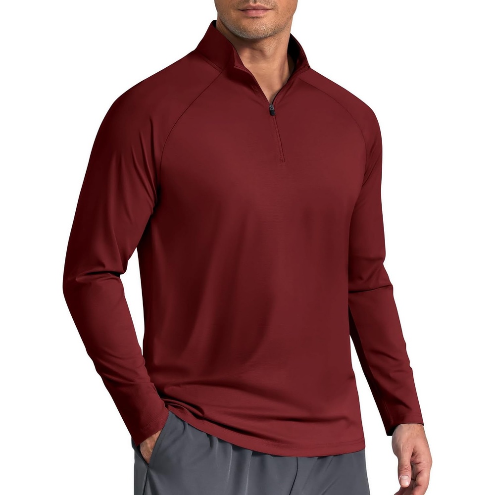 image:imageCOOFANDY Mens Quarter Zip Pullover Athletic Shirts Long Sleeve Lightweight 14 Zip Mock Neck Running Golf Gym ShirtWine Red