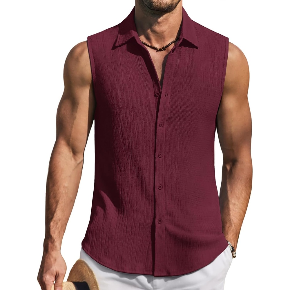 image:imageCOOFANDY Mens Summer Sleeveless Shirts Beach Knit Tank Top Button Up Casual Tank Shirt Vacation TopsWine Red