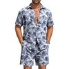 COOFANDY Men’s Hawaiian Matching Set Summer Beach 2 Piece Outfits Flower Button Down Shirts and Shorts Vacation Outfits(White – Blue Leaf)
