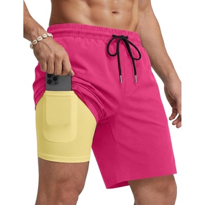 COOFANDY Mens Swim Trunks with Compression Liner Quick Dry 7 Inch Bathing Suit Beach Short with Zipper Pockets(Hot Pink)