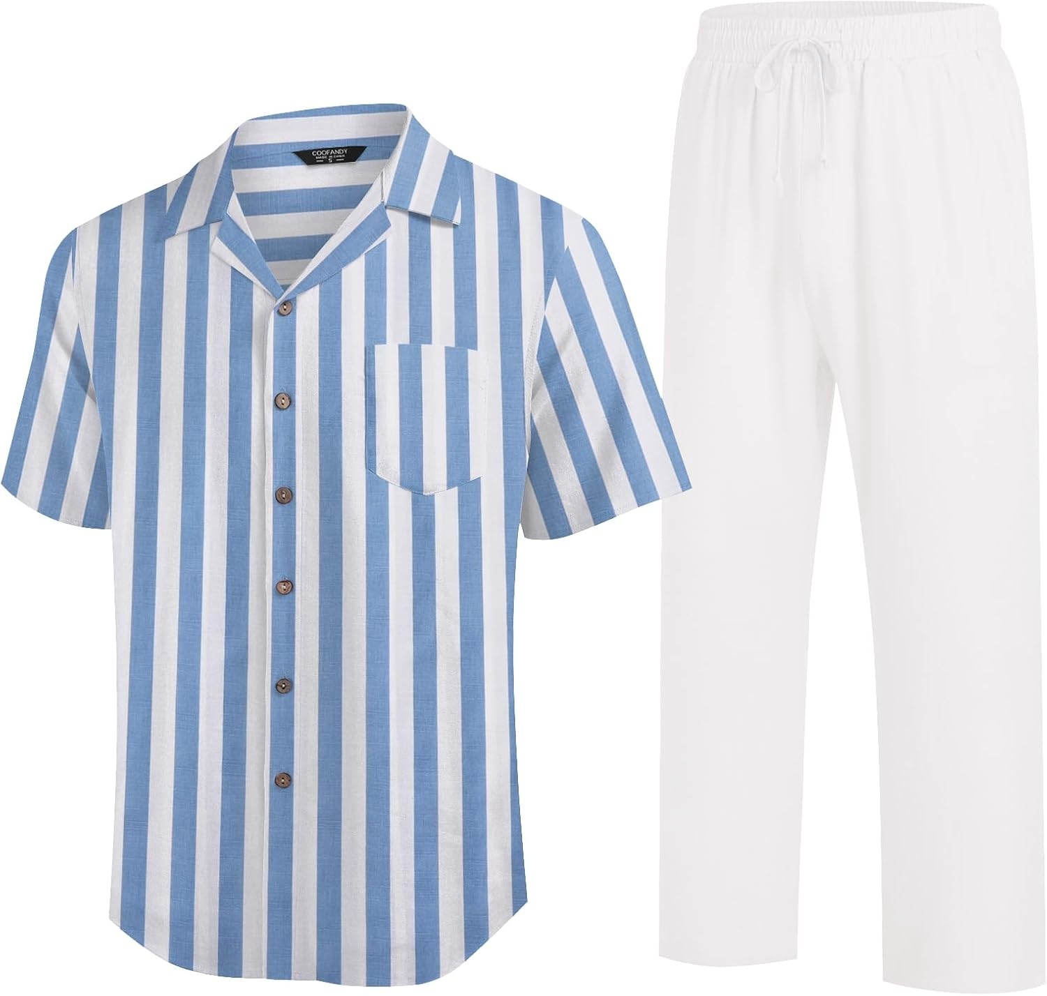 image:imageCOOFANDY Men 2 Piece Linen Outfit Beach Button Down Shirt Casual Loose Pant SetsBlue Stripes ShirtWhite Pants
