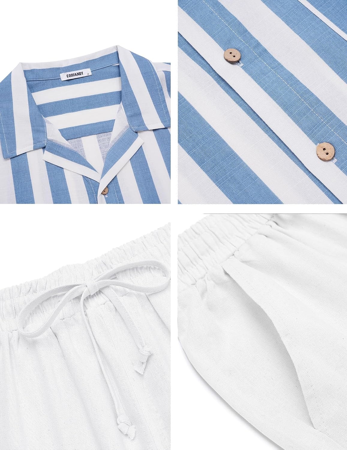 image:imageCOOFANDY Men 2 Piece Linen Outfit Beach Button Down Shirt Casual Loose Pant SetsBlue Stripes ShirtWhite Pants