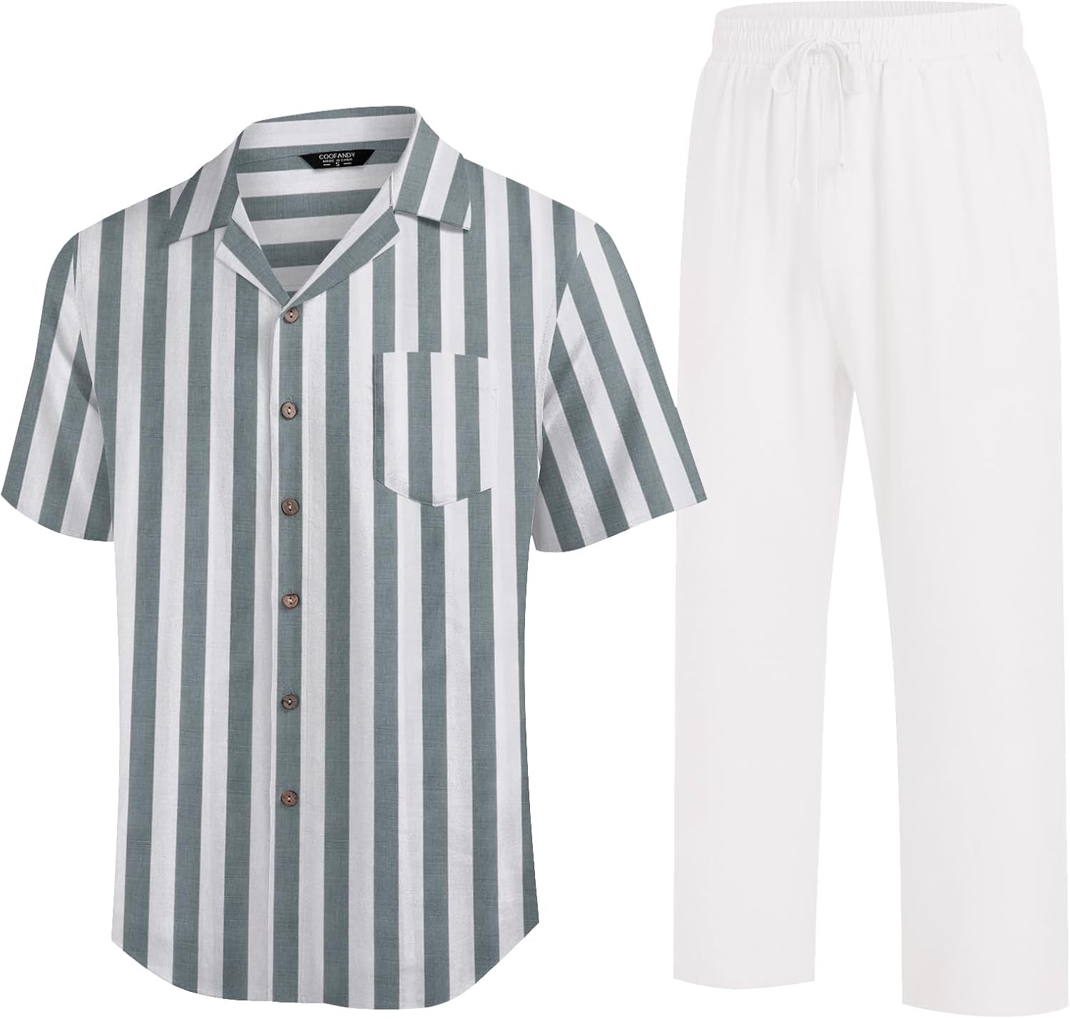image:imageCOOFANDY Men 2 Piece Linen Outfit Beach Button Down Shirt Casual Loose Pant SetsGrey Green Stripes ShirtWhite Pants
