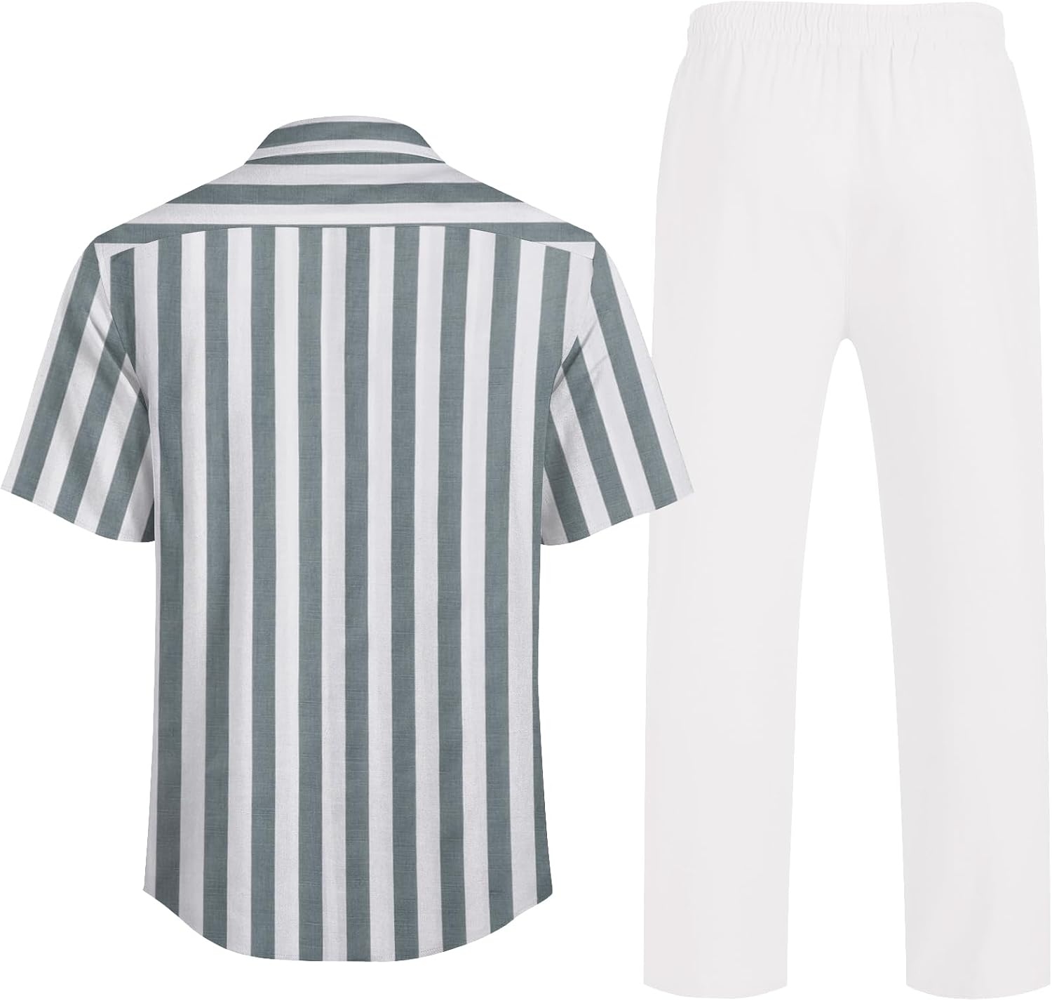 image:imageCOOFANDY Men 2 Piece Linen Outfit Beach Button Down Shirt Casual Loose Pant SetsGrey Green Stripes ShirtWhite Pants