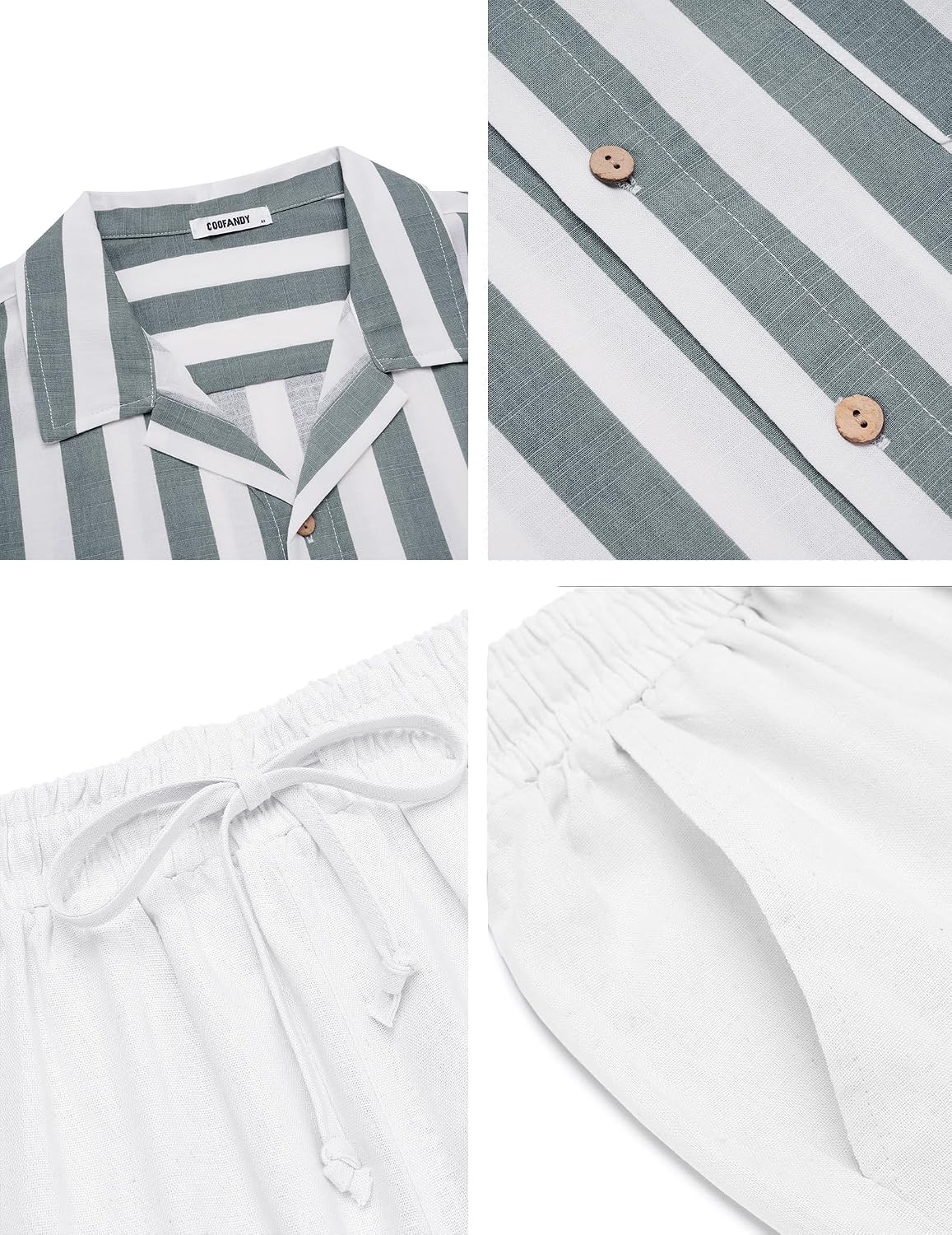 image:imageCOOFANDY Men 2 Piece Linen Outfit Beach Button Down Shirt Casual Loose Pant SetsGrey Green Stripes ShirtWhite Pants