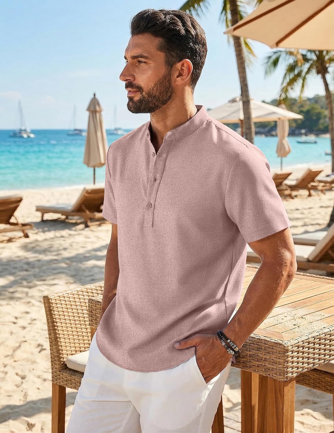 image:imageCOOFANDY Mens Casual Henley Shirt Band Collar Short Sleeve Shirt for Mens Summer Beach TShirts VacationLight Pink