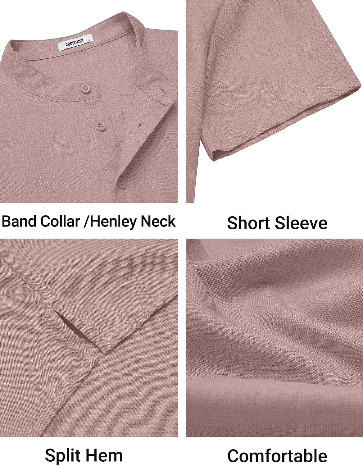 image:imageCOOFANDY Mens Casual Henley Shirt Band Collar Short Sleeve Shirt for Mens Summer Beach TShirts VacationLight Pink