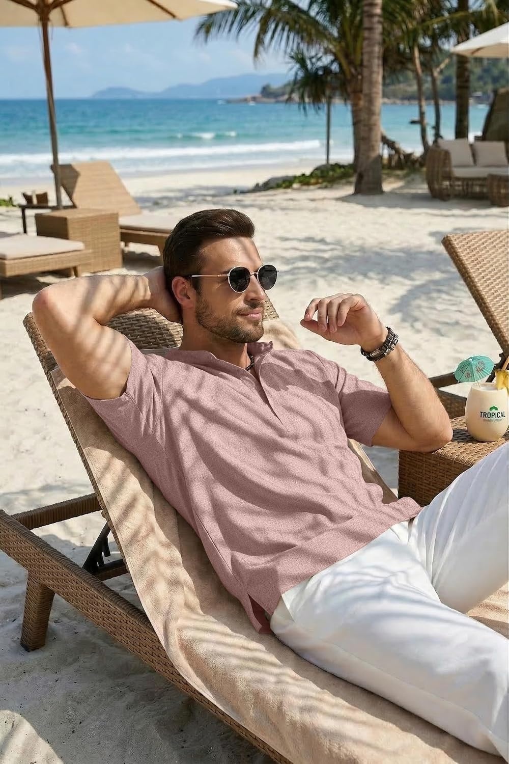 image:imageCOOFANDY Mens Casual Henley Shirt Band Collar Short Sleeve Shirt for Mens Summer Beach TShirts VacationLight Pink