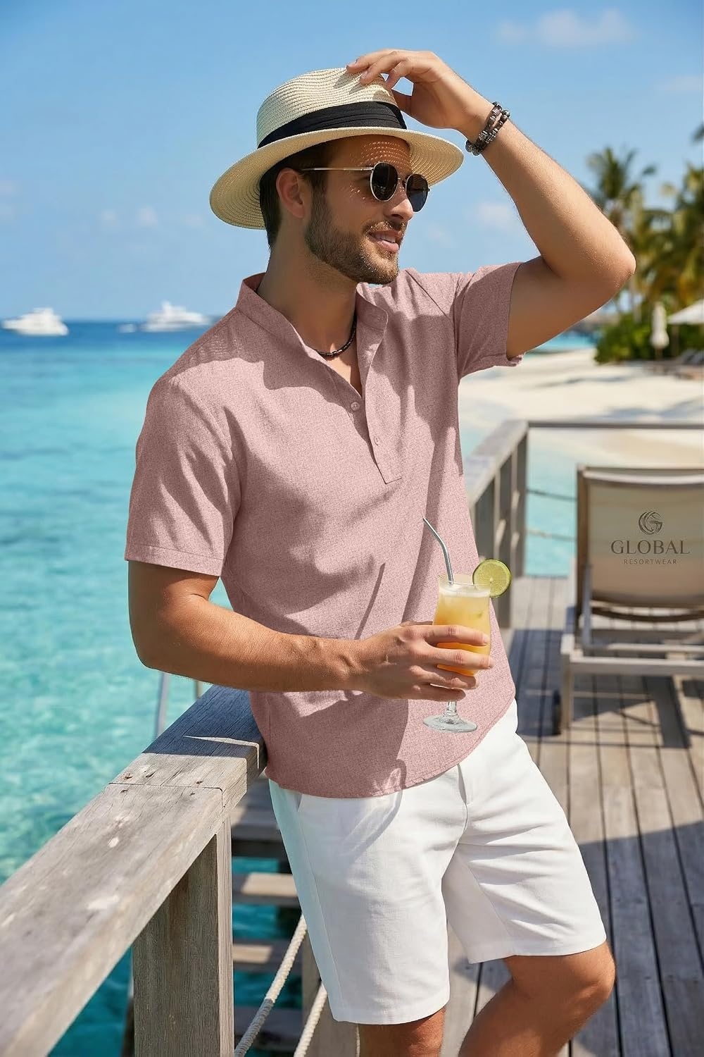 image:imageCOOFANDY Mens Casual Henley Shirt Band Collar Short Sleeve Shirt for Mens Summer Beach TShirts VacationLight Pink