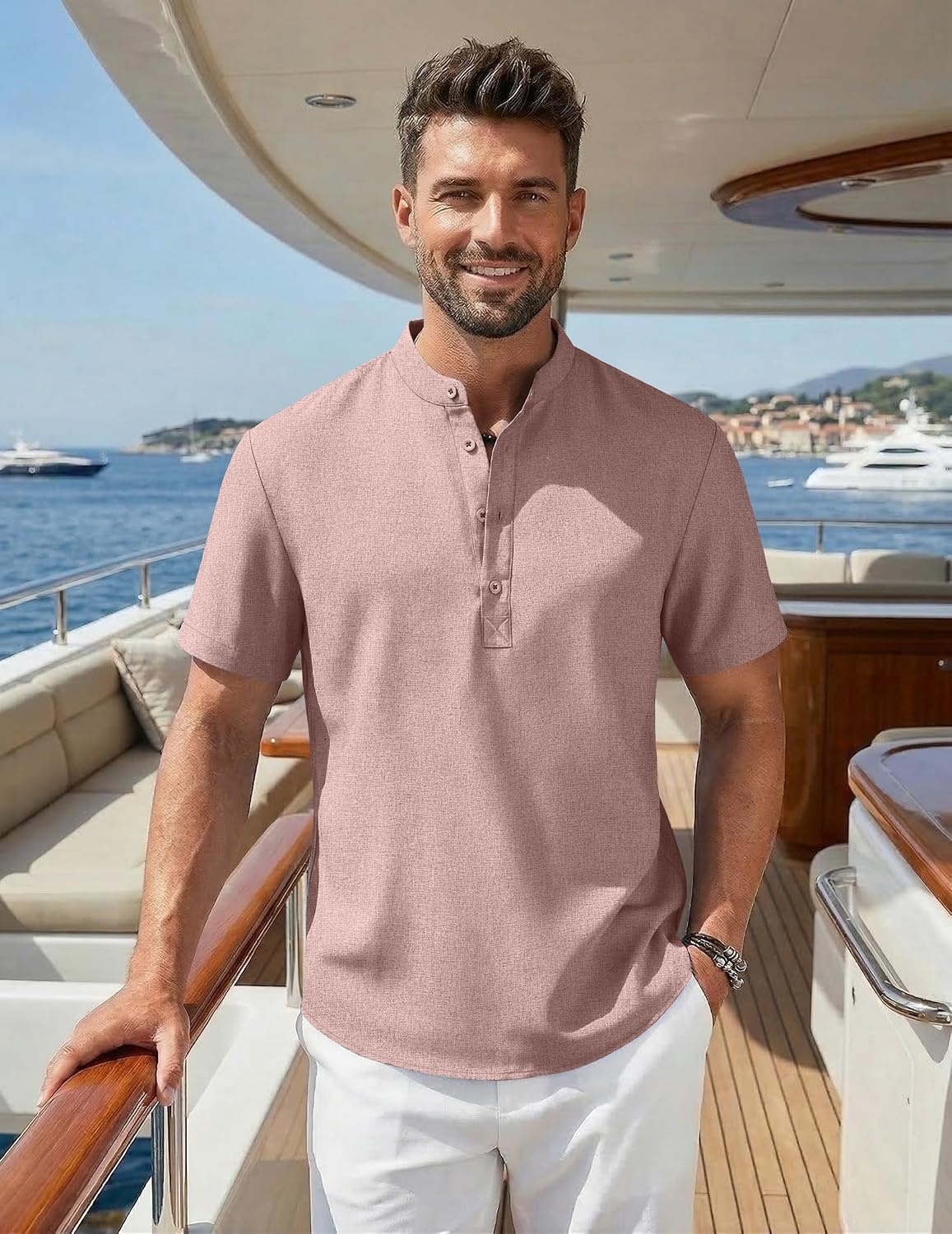 image:imageCOOFANDY Mens Casual Henley Shirt Band Collar Short Sleeve Shirt for Mens Summer Beach TShirts VacationLight Pink