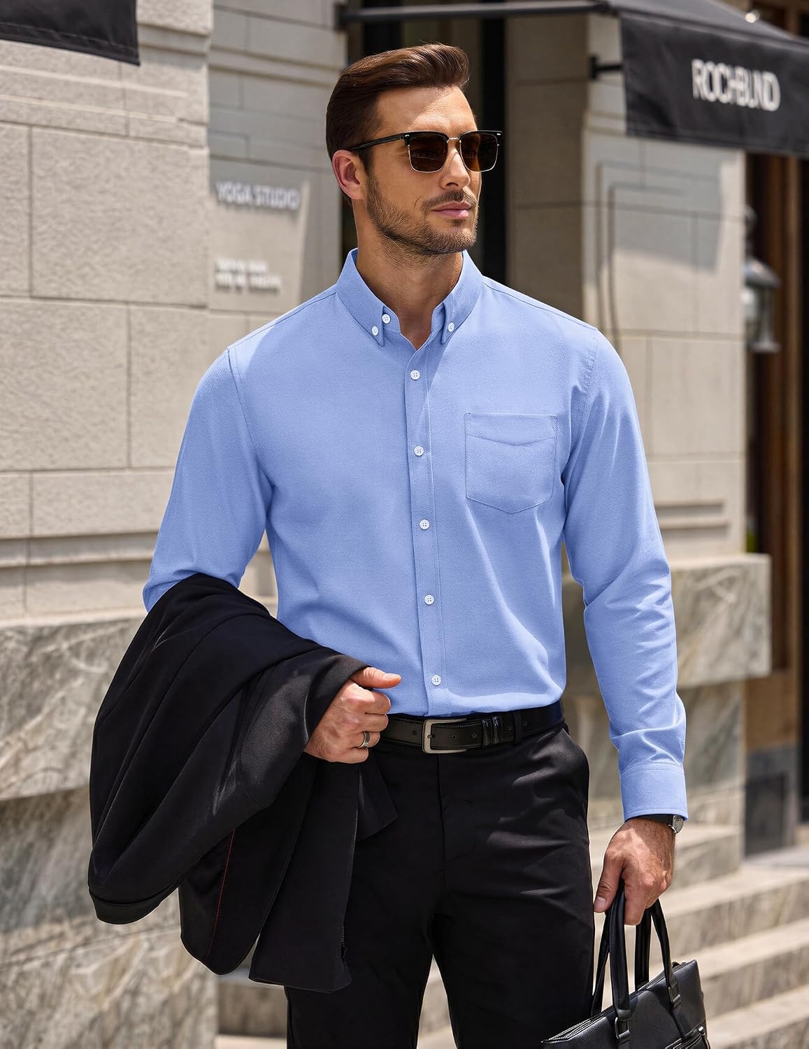 image:imageCOOFANDY Mens Cotton Oxford Shirt Long Sleeve Dress Shirt Button Down Work Casual Shirts with PocketA Blue