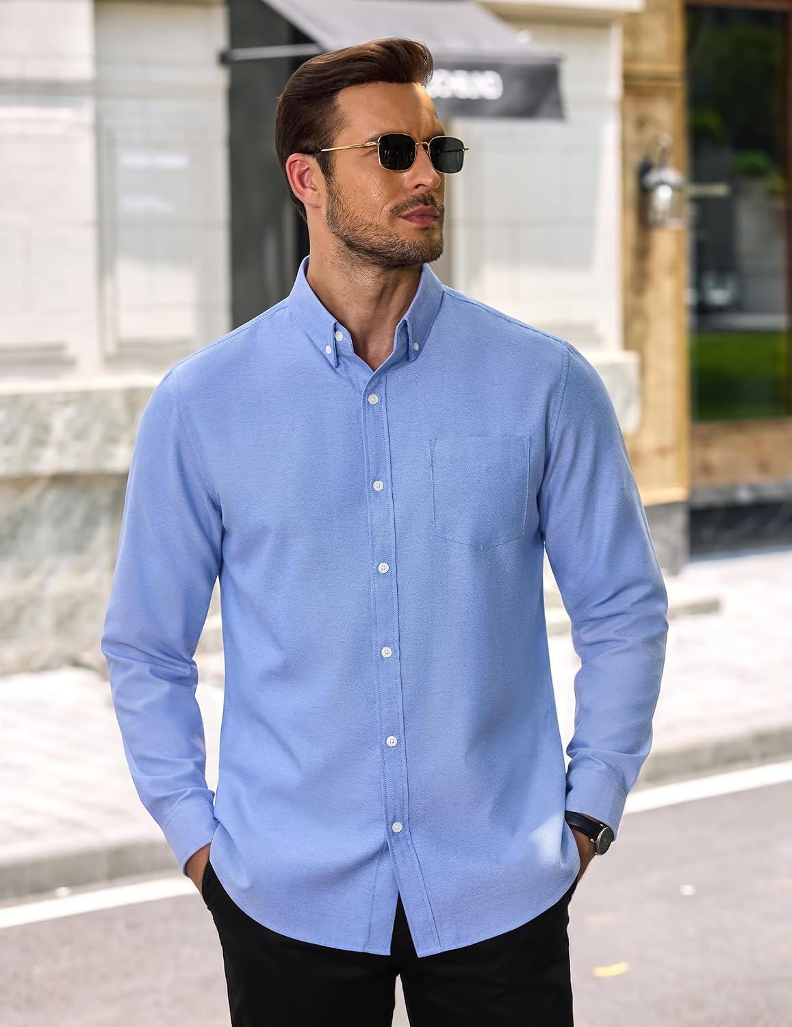 image:imageCOOFANDY Mens Cotton Oxford Shirt Long Sleeve Dress Shirt Button Down Work Casual Shirts with PocketA Blue