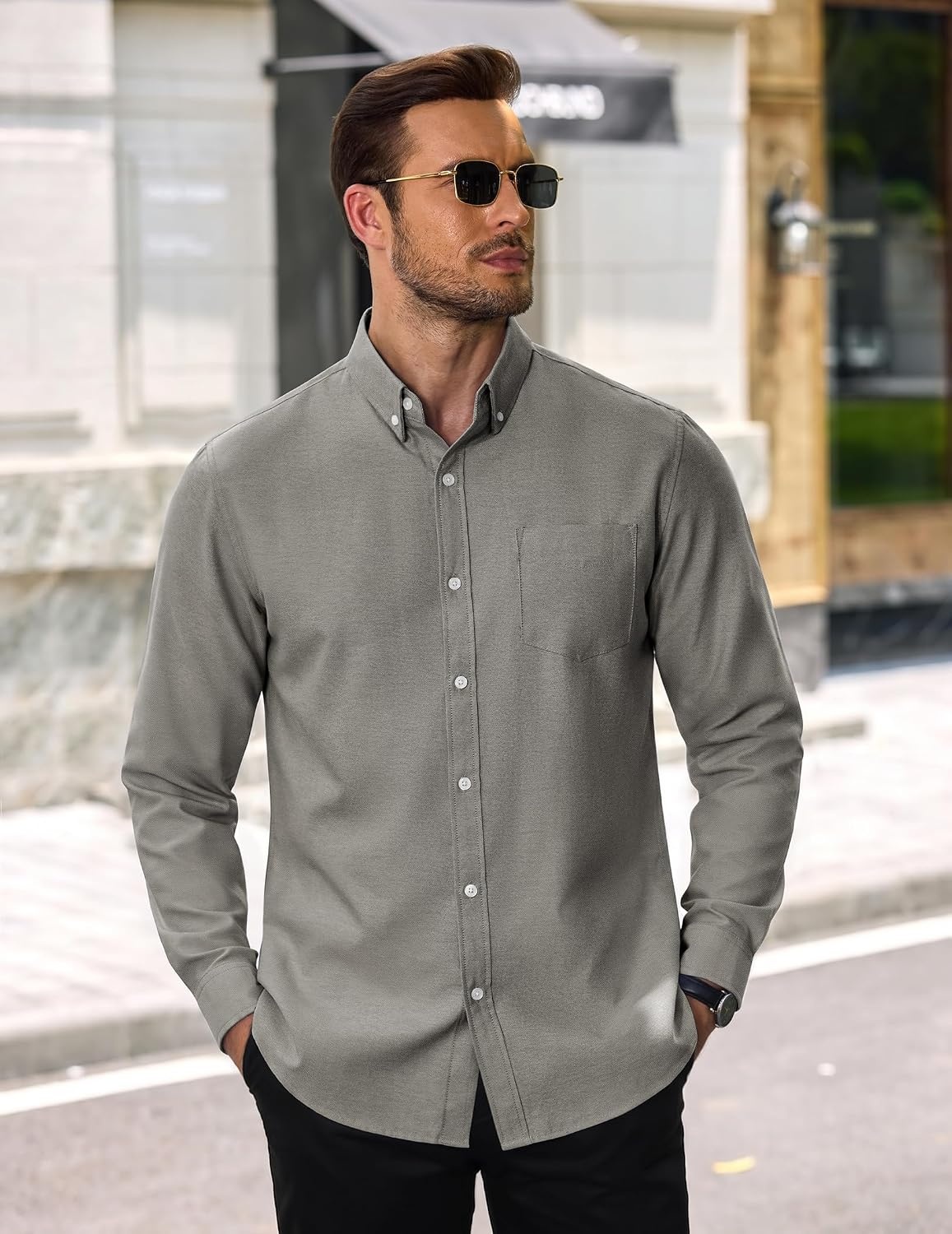 image:imageCOOFANDY Mens Cotton Oxford Shirt Long Sleeve Dress Shirt Button Down Work Casual Shirts with PocketArmy Green