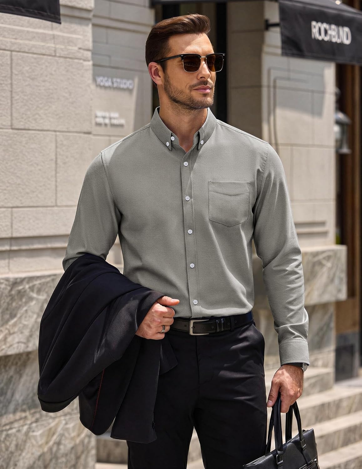 image:imageCOOFANDY Mens Cotton Oxford Shirt Long Sleeve Dress Shirt Button Down Work Casual Shirts with PocketArmy Green