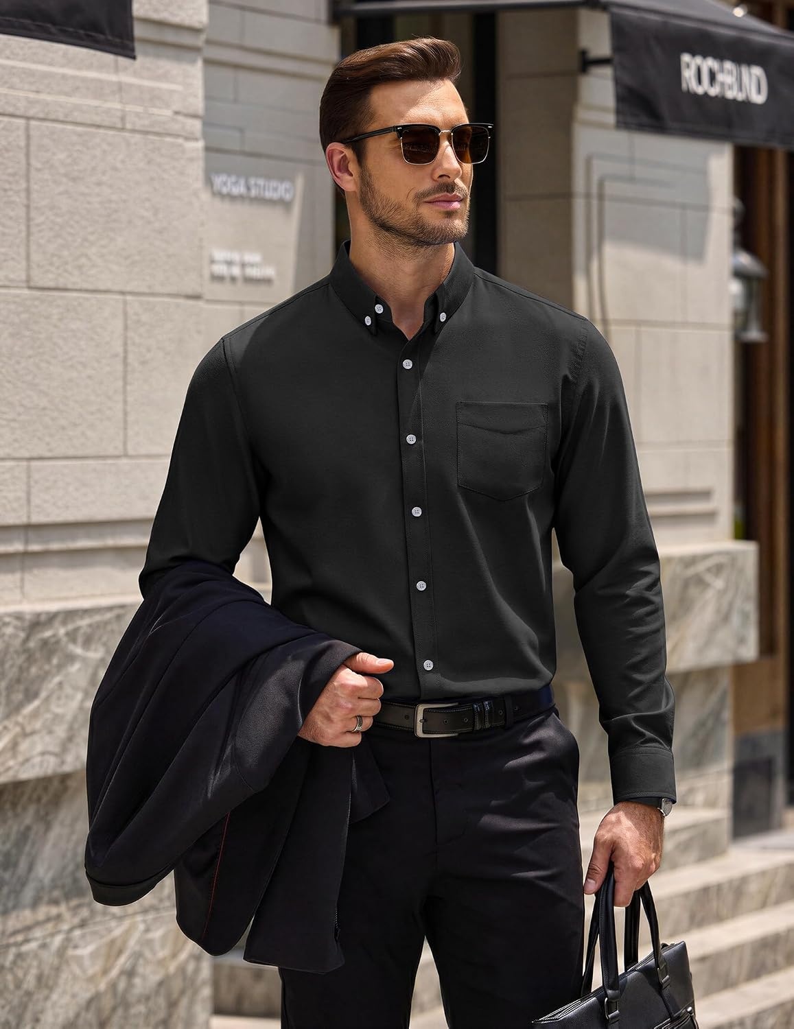 image:imageCOOFANDY Mens Cotton Oxford Shirt Long Sleeve Dress Shirt Button Down Work Casual Shirts with PocketBlack