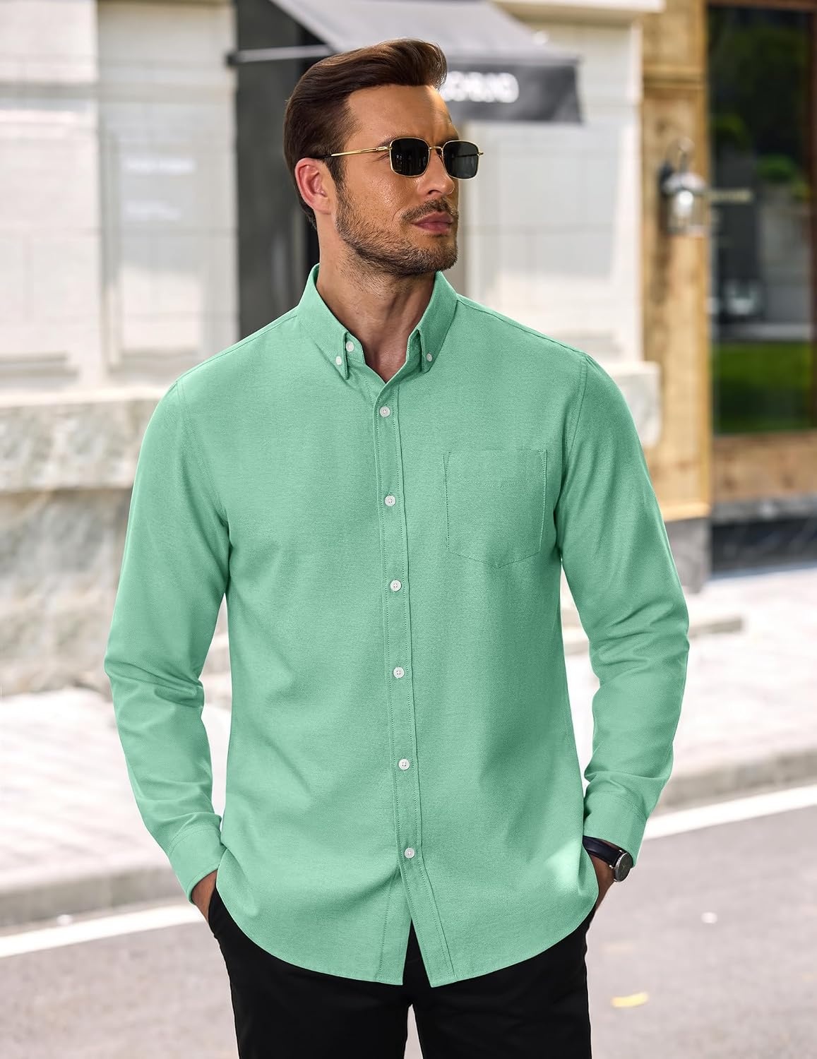 image:imageCOOFANDY Mens Cotton Oxford Shirt Long Sleeve Dress Shirt Button Down Work Casual Shirts with PocketIce Green
