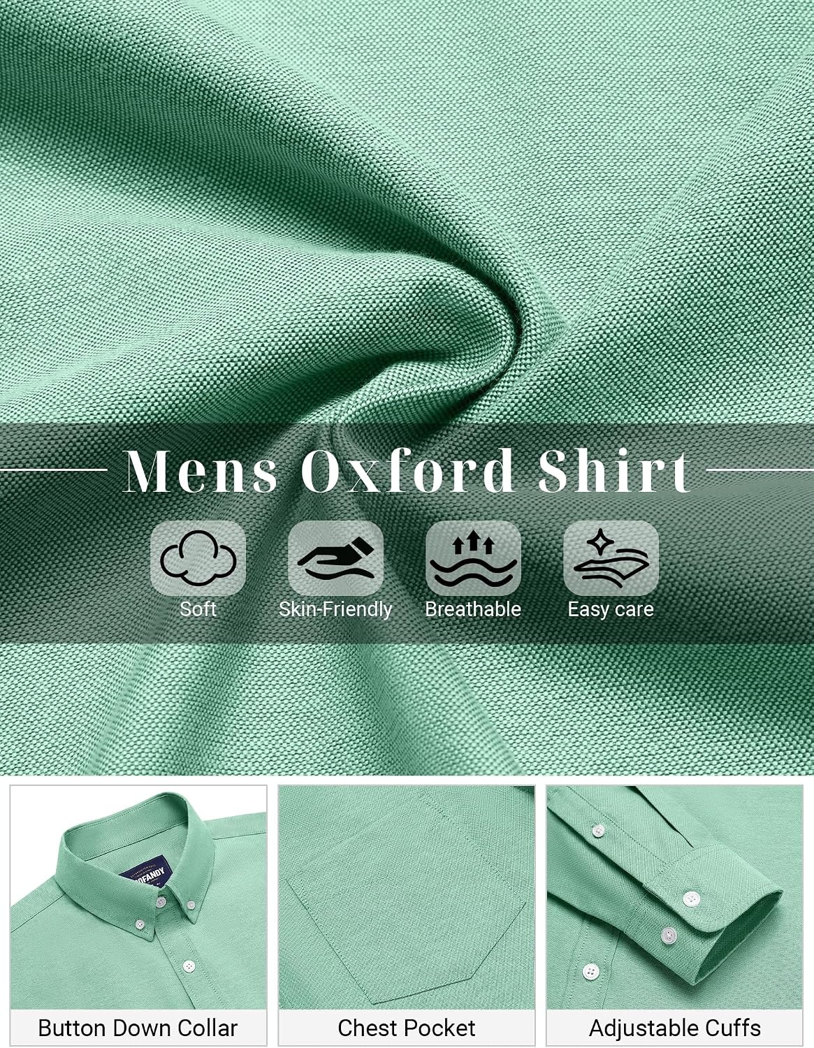 image:imageCOOFANDY Mens Cotton Oxford Shirt Long Sleeve Dress Shirt Button Down Work Casual Shirts with PocketIce Green