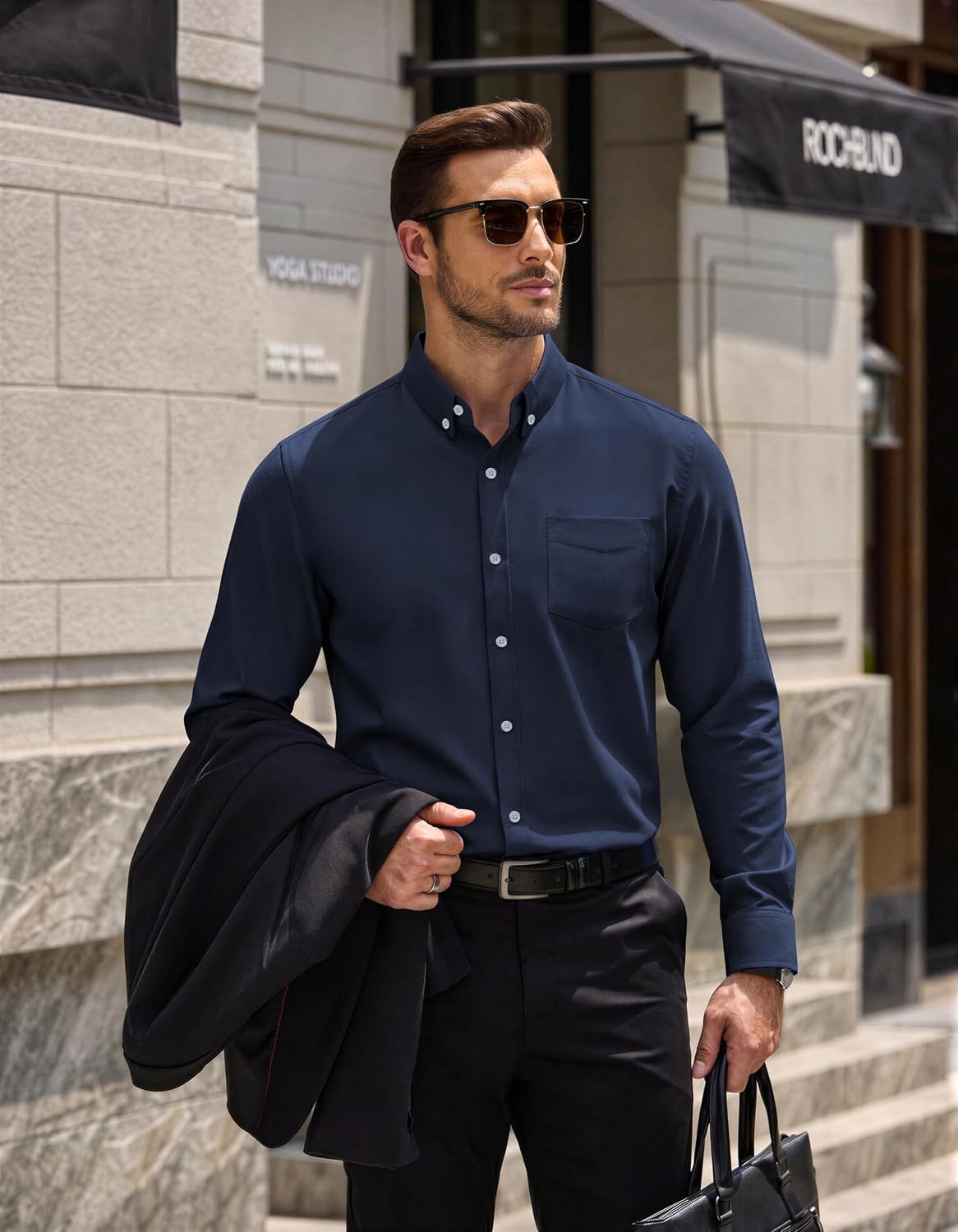image:imageCOOFANDY Mens Cotton Oxford Shirt Long Sleeve Dress Shirt Button Down Work Casual Shirts with PocketNavy Blue