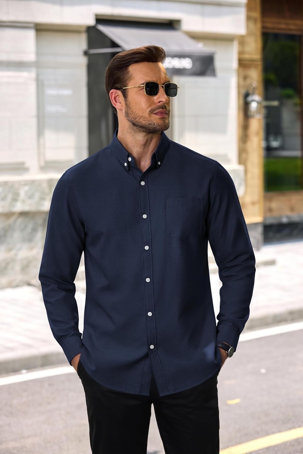 image:imageCOOFANDY Mens Cotton Oxford Shirt Long Sleeve Dress Shirt Button Down Work Casual Shirts with PocketNavy Blue