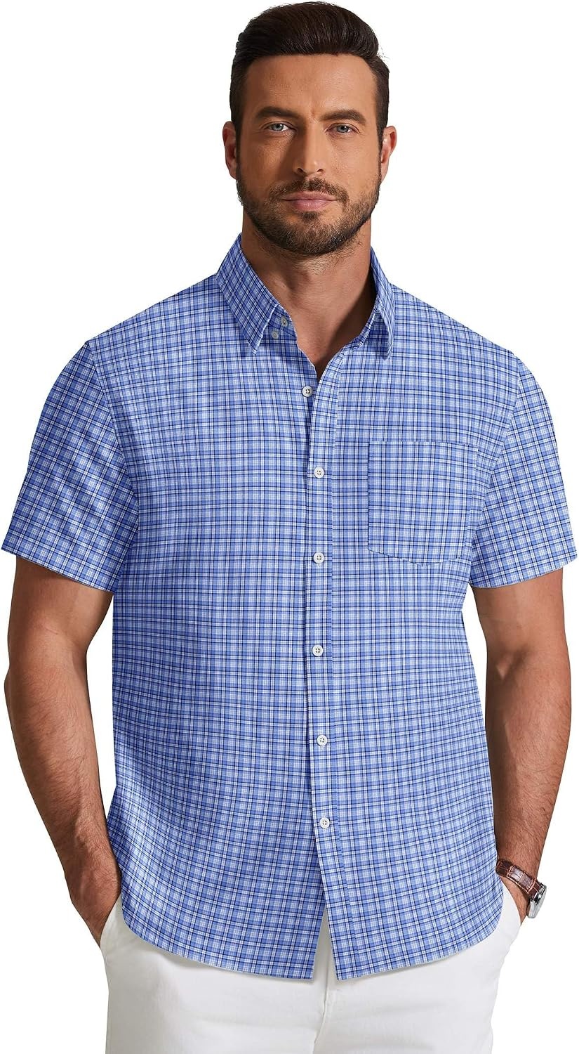 image:imageCOOFANDY Mens Short Sleeve Oxford Shirt Plaid Casual Button Down Shirts Summer Untucked Dress Shirt with Pocket01blue Plaid
