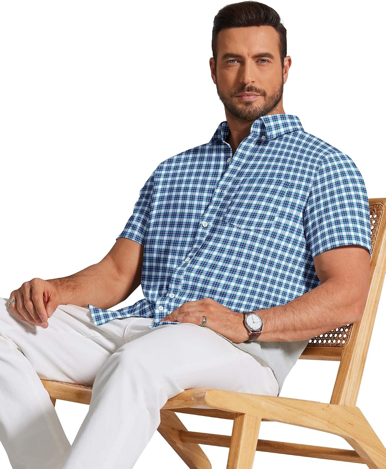 image:imageCOOFANDY Mens Short Sleeve Oxford Shirt Plaid Casual Button Down Shirts Summer Untucked Dress Shirt with PocketBlue Green Plaid