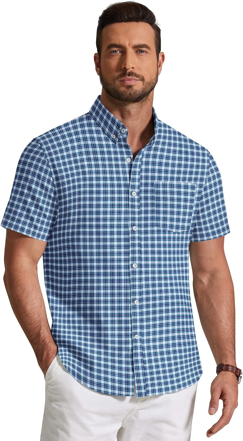 image:imageCOOFANDY Mens Short Sleeve Oxford Shirt Plaid Casual Button Down Shirts Summer Untucked Dress Shirt with PocketBlue Green Plaid