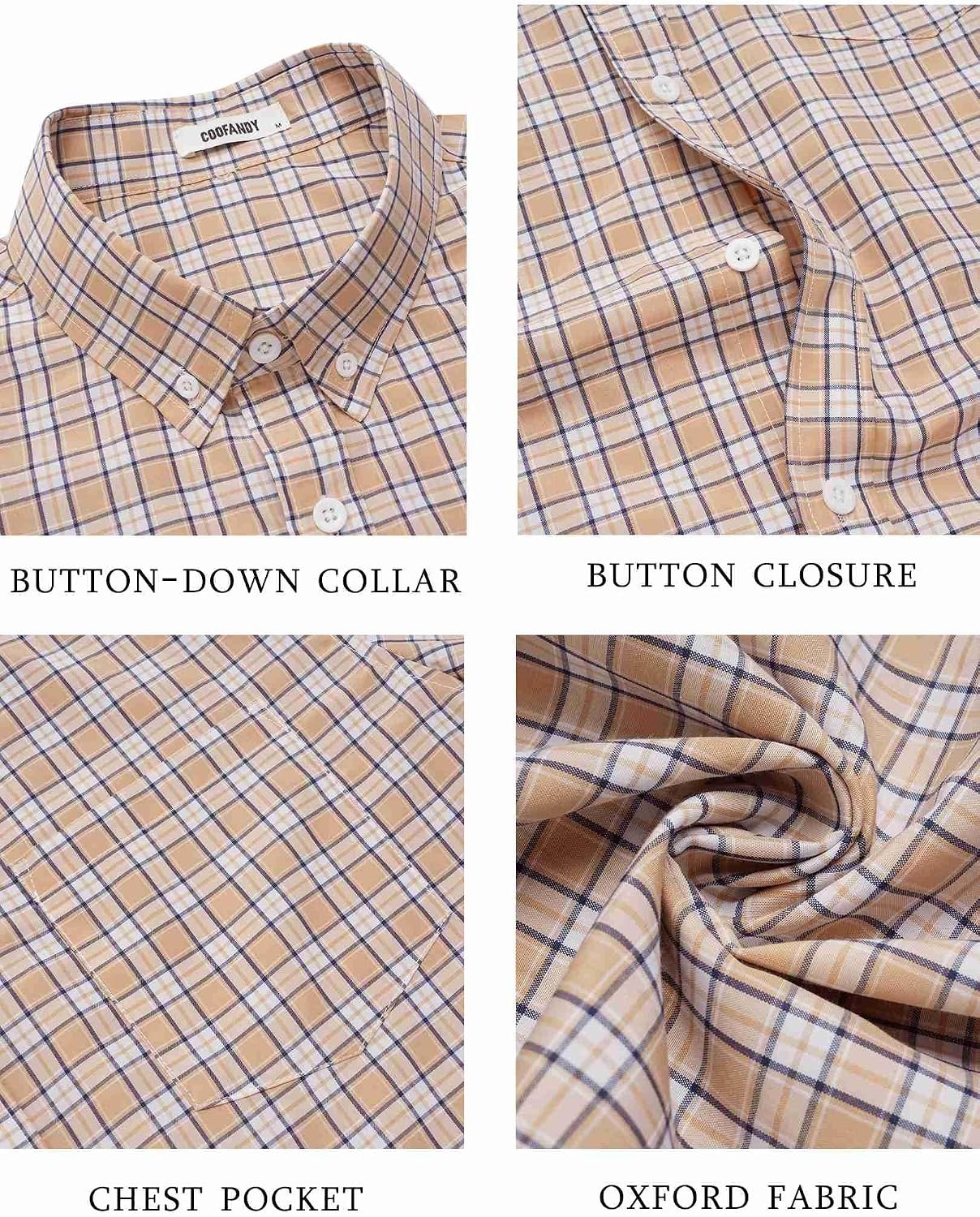 image:imageCOOFANDY Mens Short Sleeve Oxford Shirt Plaid Casual Button Down Shirts Summer Untucked Dress Shirt with PocketKhaki Plaid