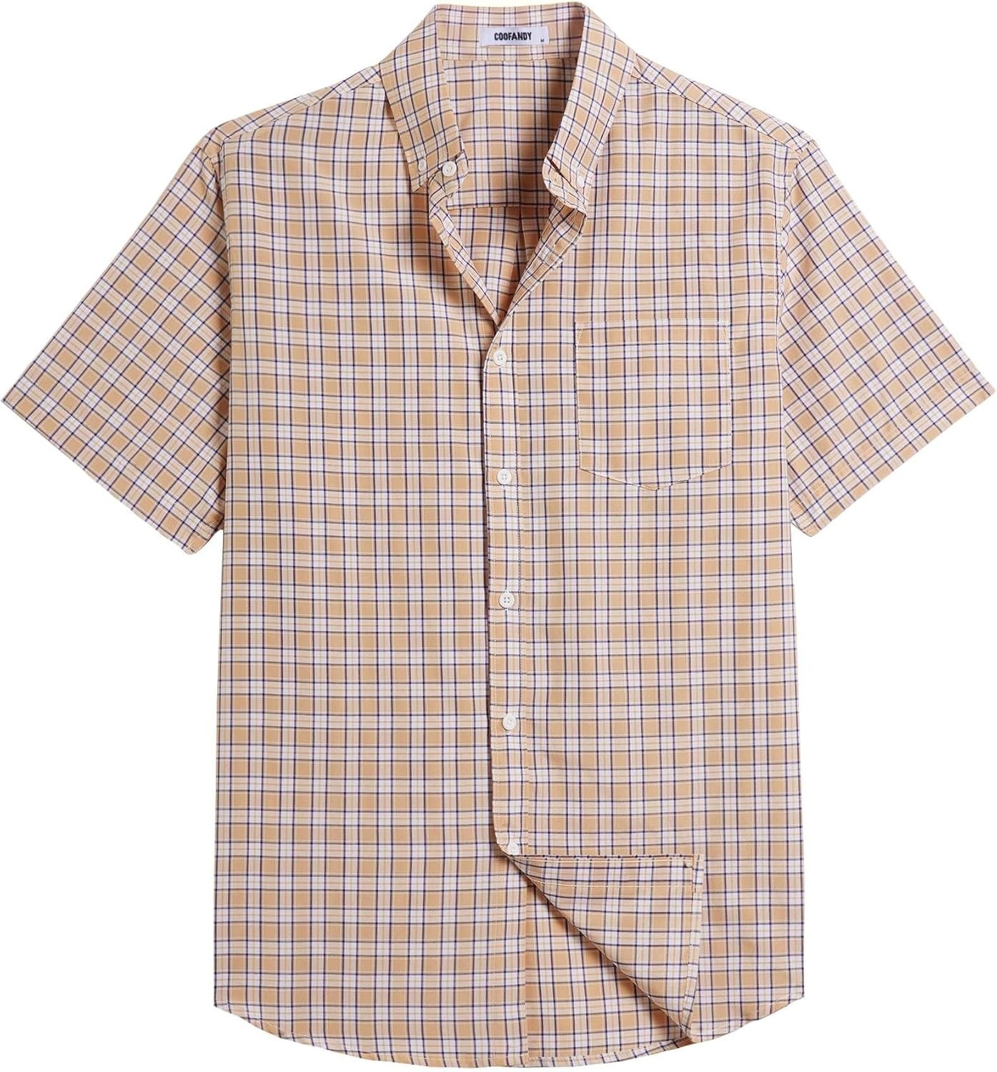 image:imageCOOFANDY Mens Short Sleeve Oxford Shirt Plaid Casual Button Down Shirts Summer Untucked Dress Shirt with PocketKhaki Plaid