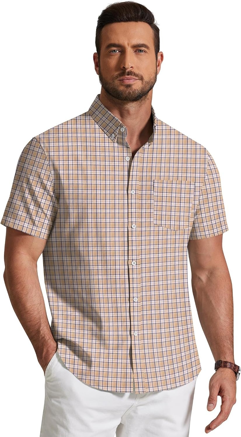 image:imageCOOFANDY Mens Short Sleeve Oxford Shirt Plaid Casual Button Down Shirts Summer Untucked Dress Shirt with PocketKhaki Plaid