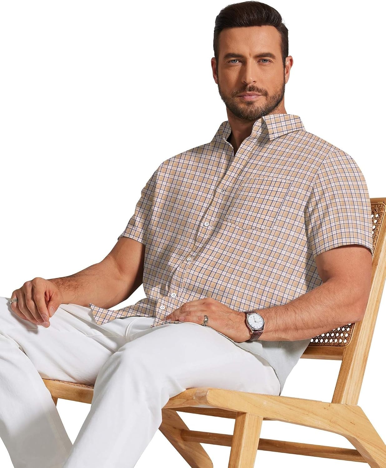 image:imageCOOFANDY Mens Short Sleeve Oxford Shirt Plaid Casual Button Down Shirts Summer Untucked Dress Shirt with PocketKhaki Plaid