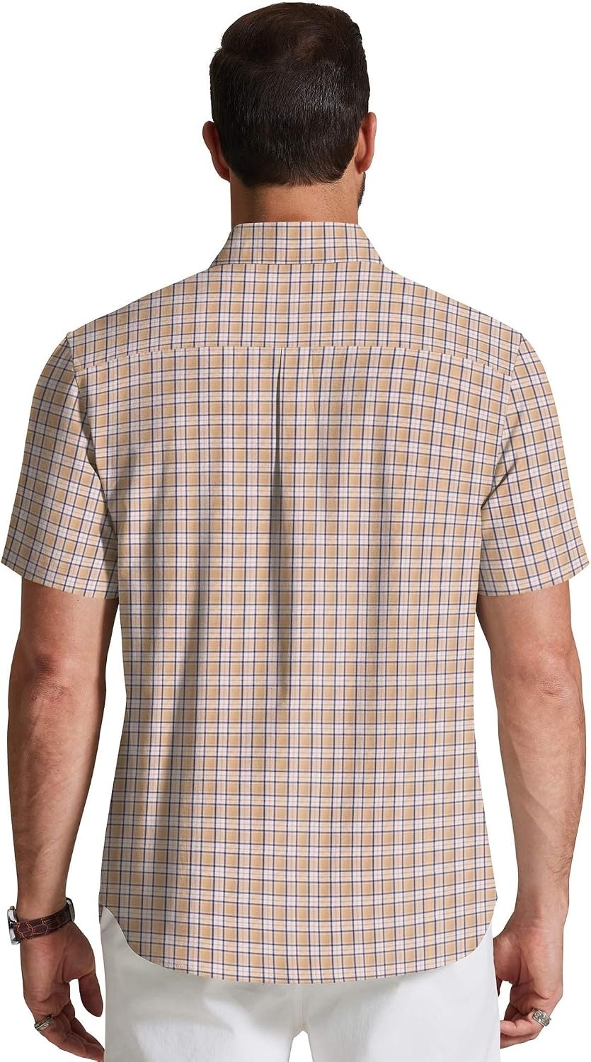 image:imageCOOFANDY Mens Short Sleeve Oxford Shirt Plaid Casual Button Down Shirts Summer Untucked Dress Shirt with PocketKhaki Plaid