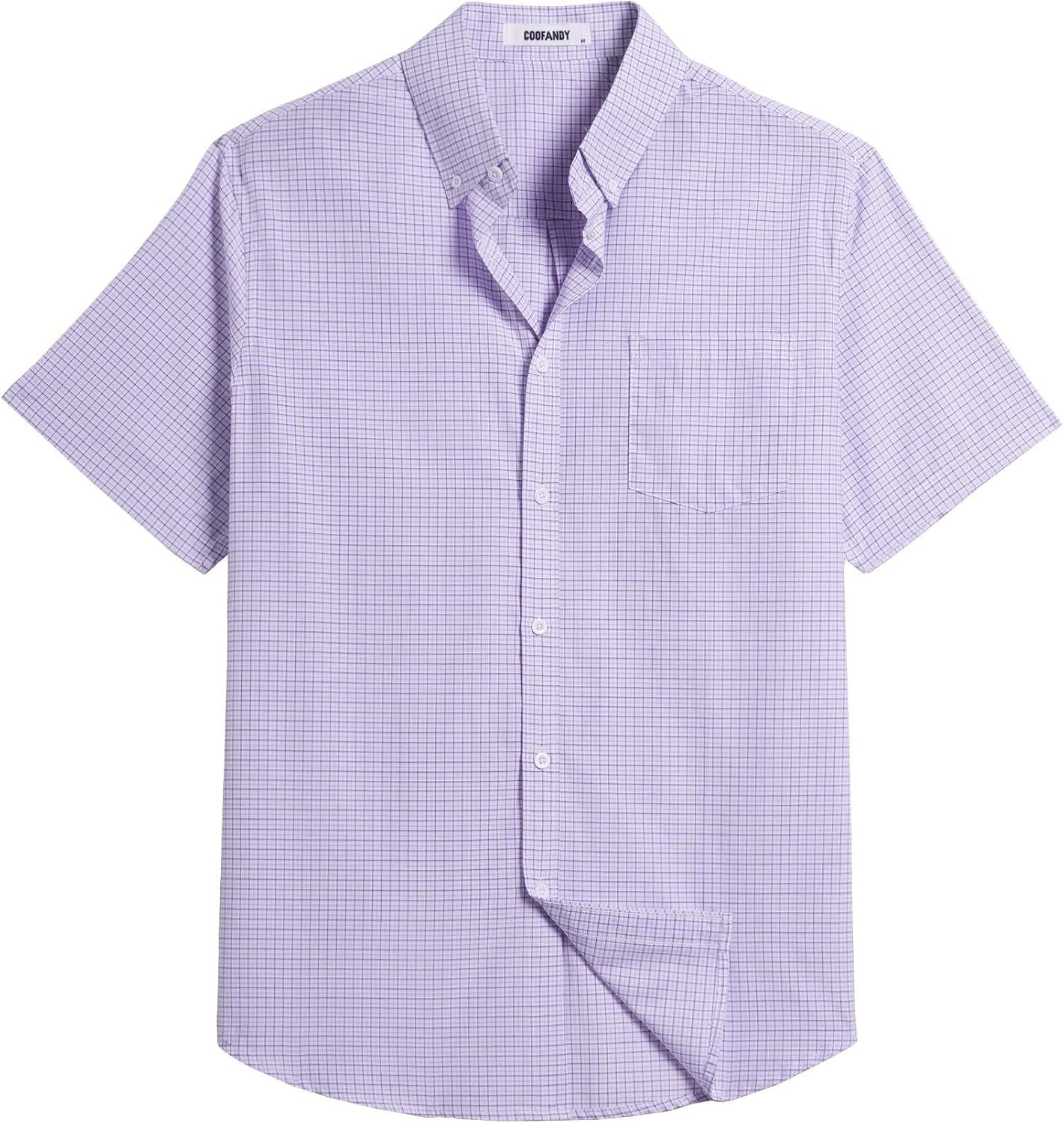 image:imageCOOFANDY Mens Short Sleeve Oxford Shirt Plaid Casual Button Down Shirts Summer Untucked Dress Shirt with PocketLight Purple Plaid