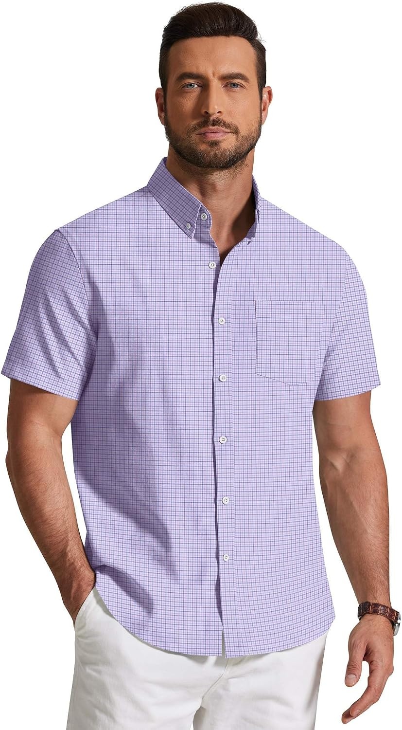 image:imageCOOFANDY Mens Short Sleeve Oxford Shirt Plaid Casual Button Down Shirts Summer Untucked Dress Shirt with PocketLight Purple Plaid