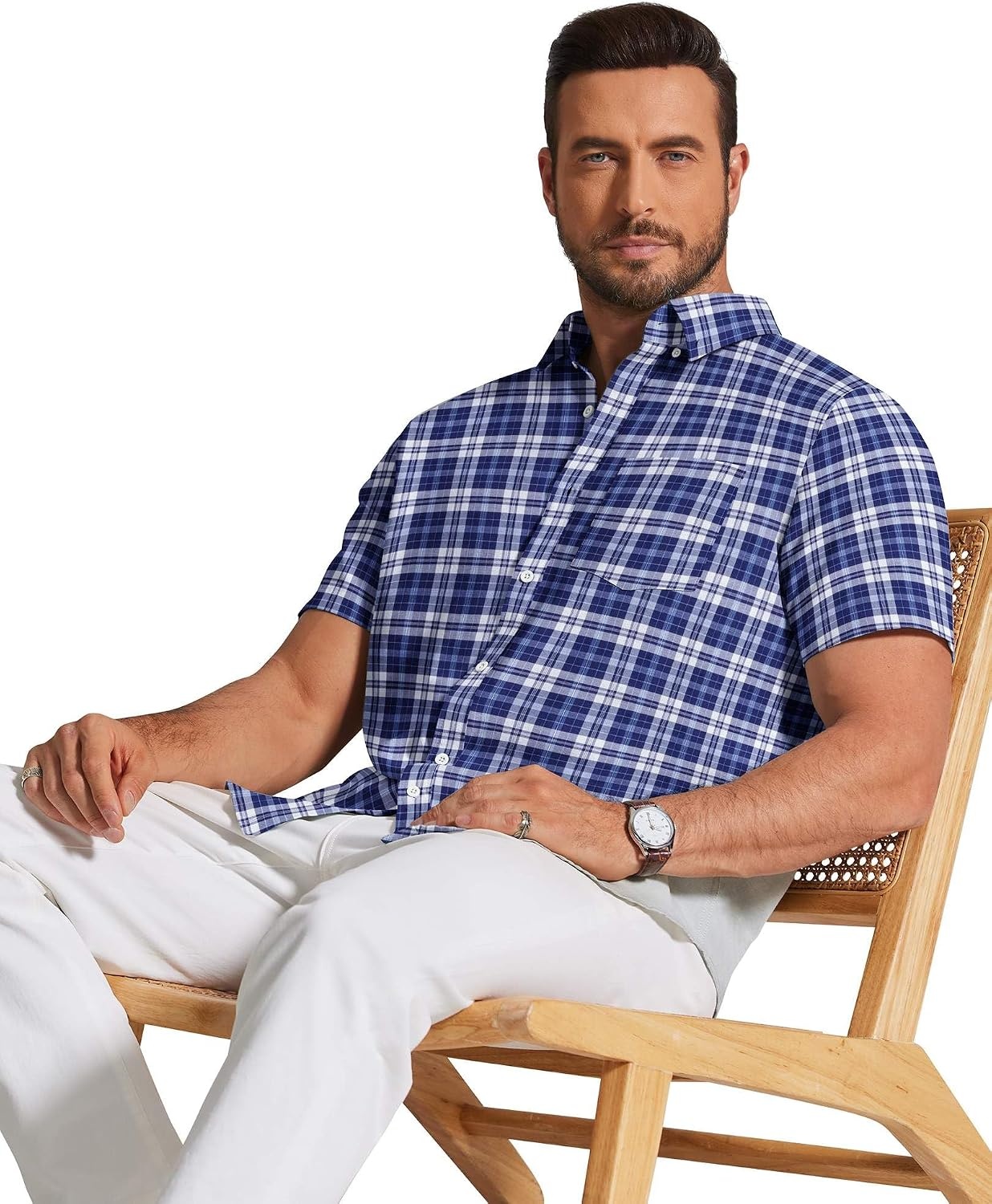 image:imageCOOFANDY Mens Short Sleeve Oxford Shirt Plaid Casual Button Down Shirts Summer Untucked Dress Shirt with PocketNavy Blue Plaid