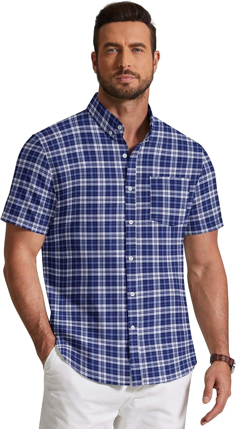 image:imageCOOFANDY Mens Short Sleeve Oxford Shirt Plaid Casual Button Down Shirts Summer Untucked Dress Shirt with PocketNavy Blue Plaid