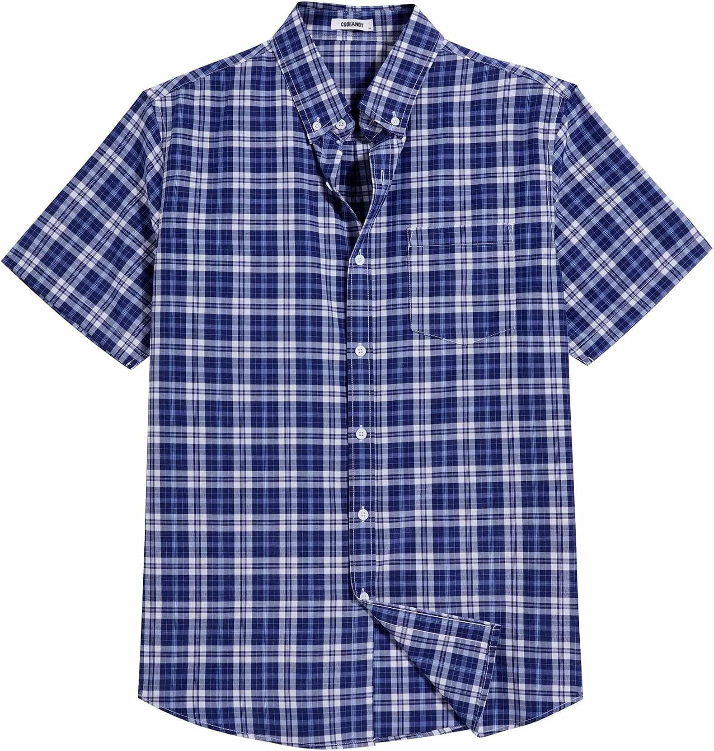 image:imageCOOFANDY Mens Short Sleeve Oxford Shirt Plaid Casual Button Down Shirts Summer Untucked Dress Shirt with PocketNavy Blue Plaid