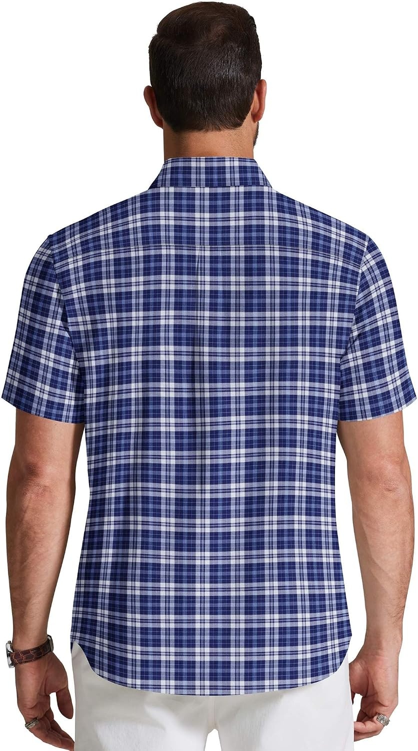 image:imageCOOFANDY Mens Short Sleeve Oxford Shirt Plaid Casual Button Down Shirts Summer Untucked Dress Shirt with PocketNavy Blue Plaid